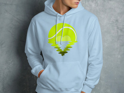 Light blue hoodie with a tennis ball reflected in water graphic.