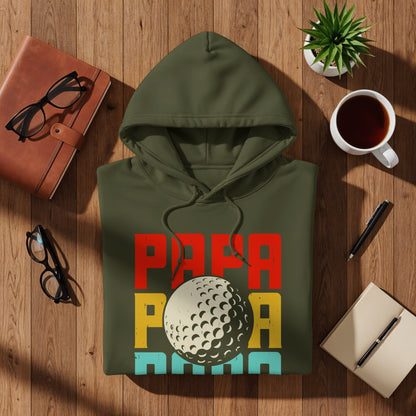 Green hoodie with "PAPA GOLF PAPA" text and golf ball graphic.