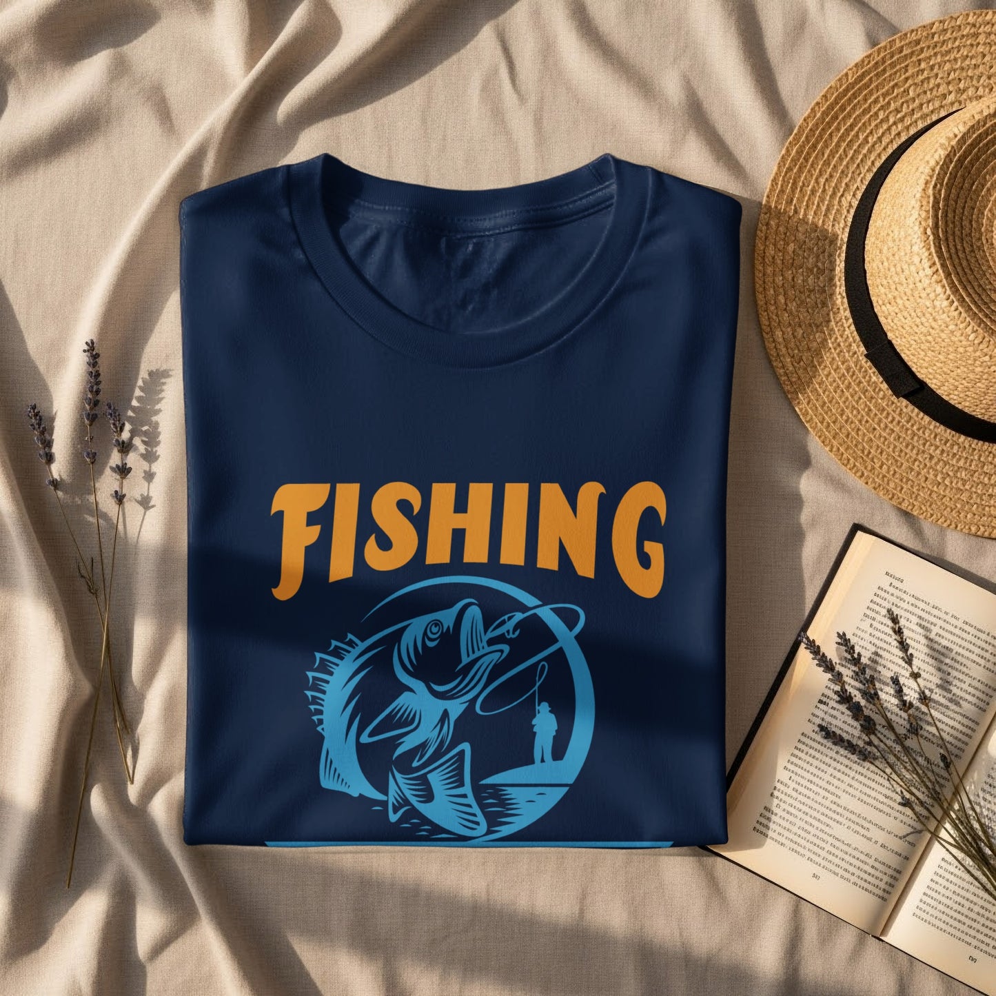 Navy t-shirt with "FISHING" text and illustration of a person fishing.
