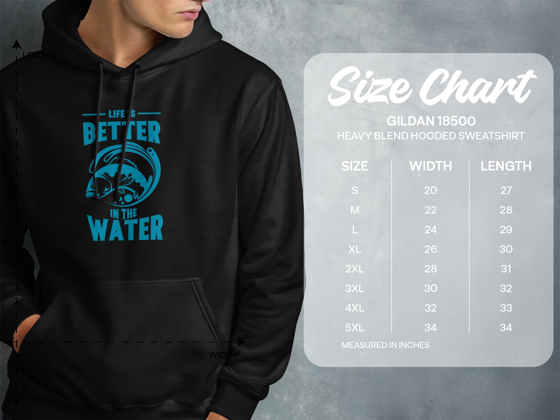 Gildan 18500 hoodie size chart with measurements for width and length.