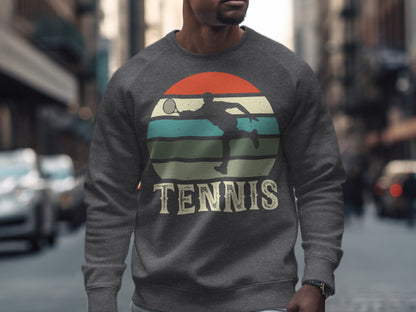 Gray sweatshirt with retro tennis graphic and "TENNIS" text.