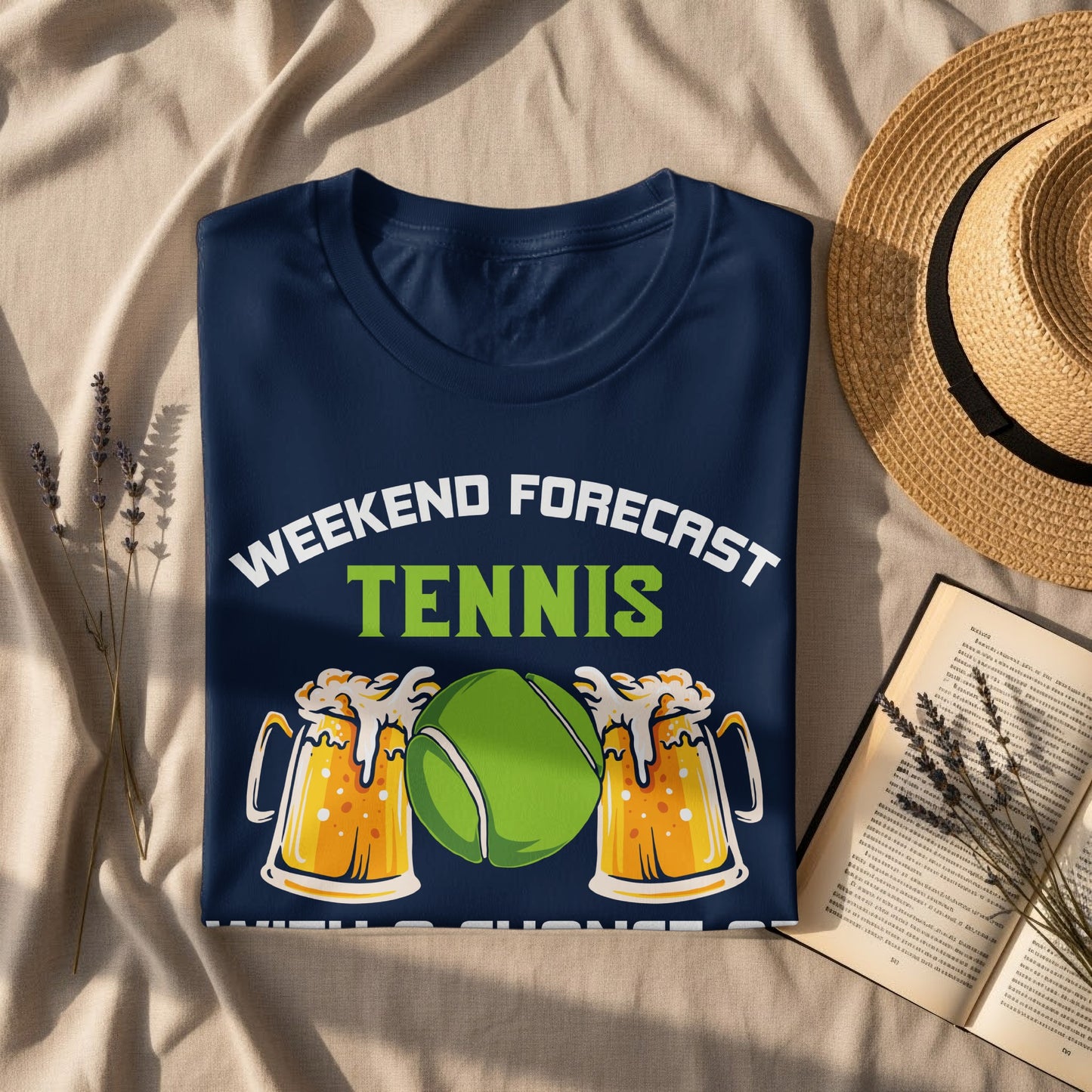 Navy t-shirt with "Weekend Forecast Tennis" and beer mugs.