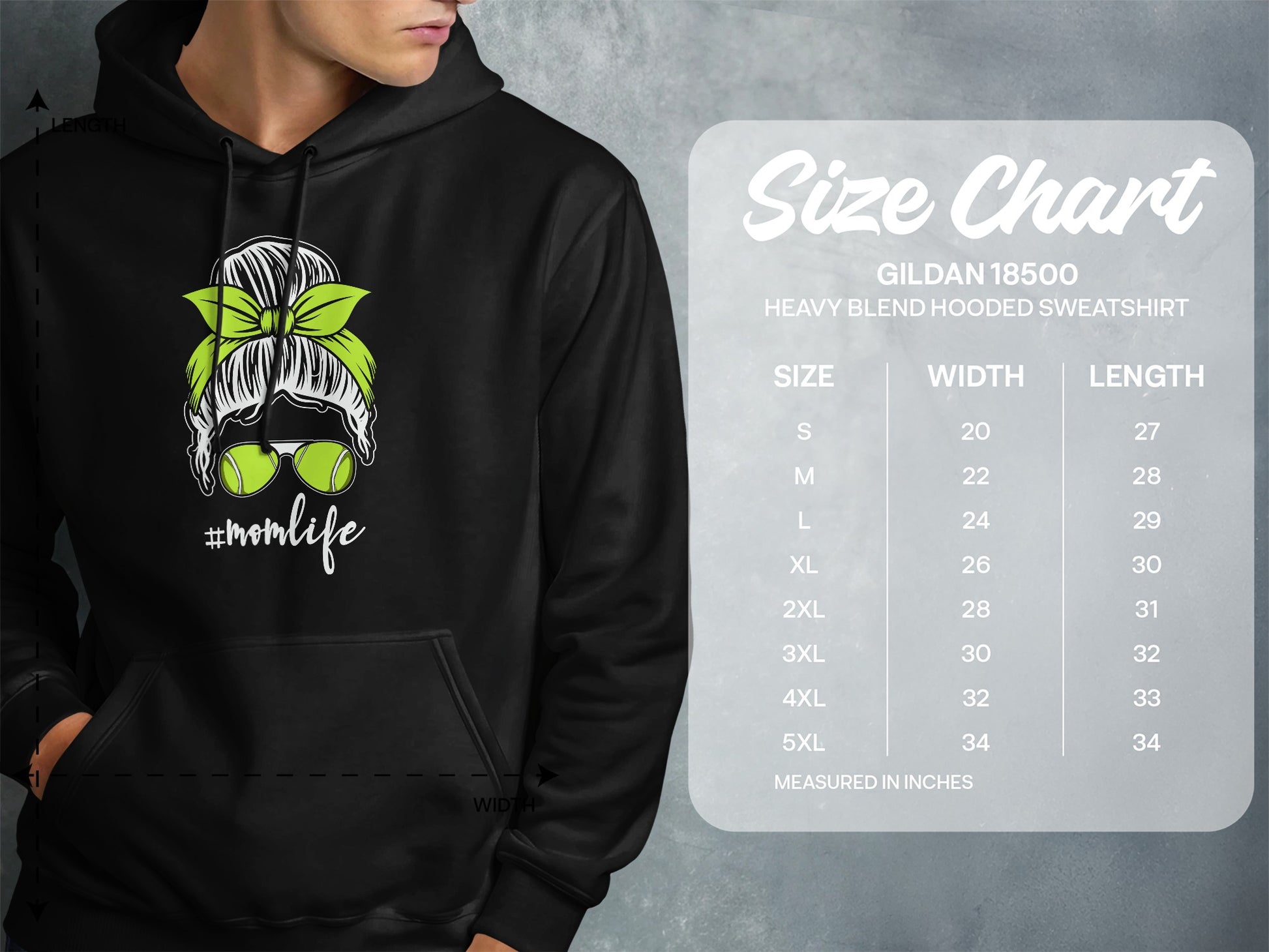 Hooded sweatshirt size chart with #momlife graphic.