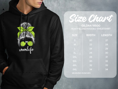 Hooded sweatshirt size chart with #momlife graphic.