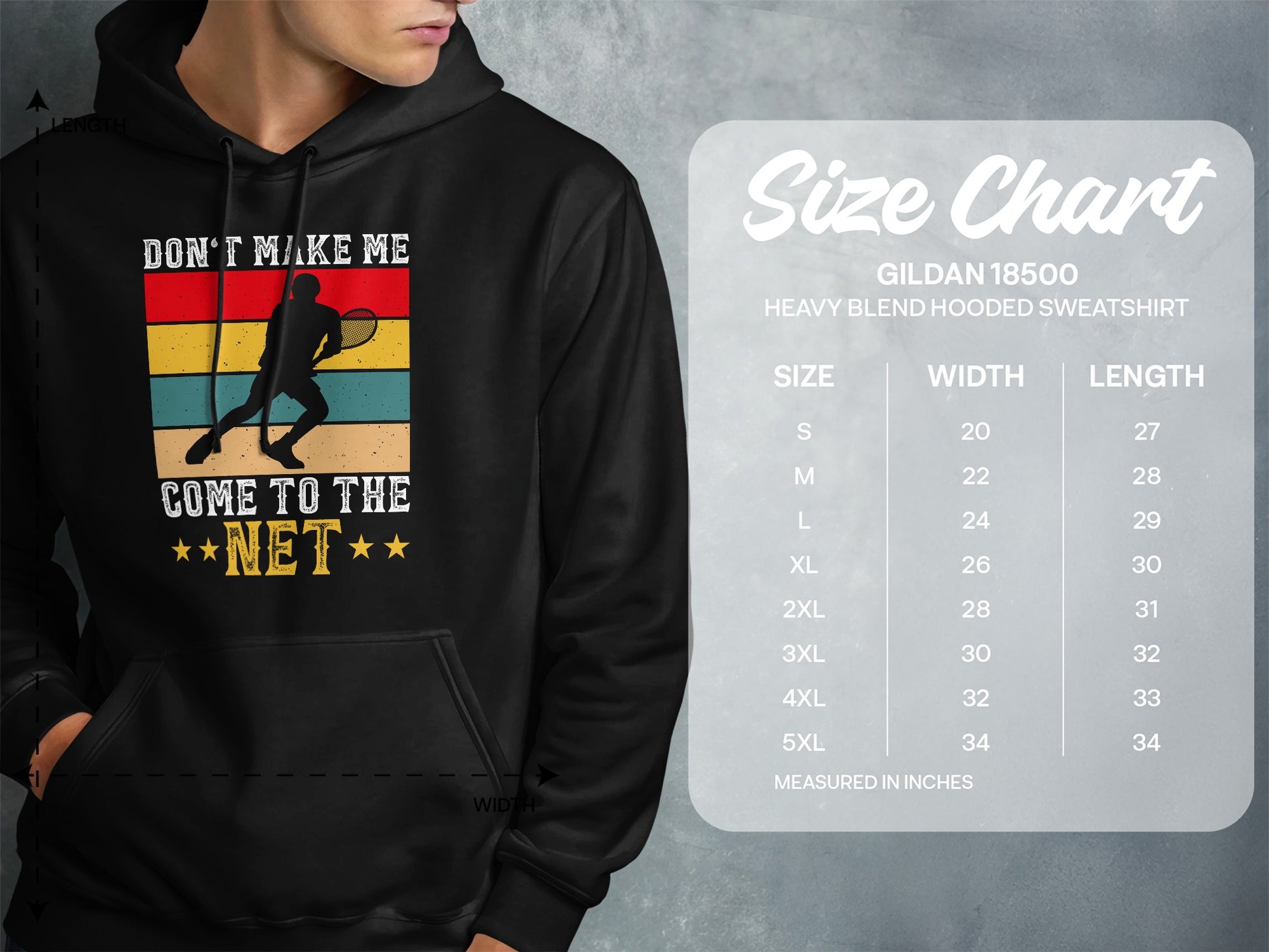 Gildan 18500 hooded sweatshirt size chart with measurements.