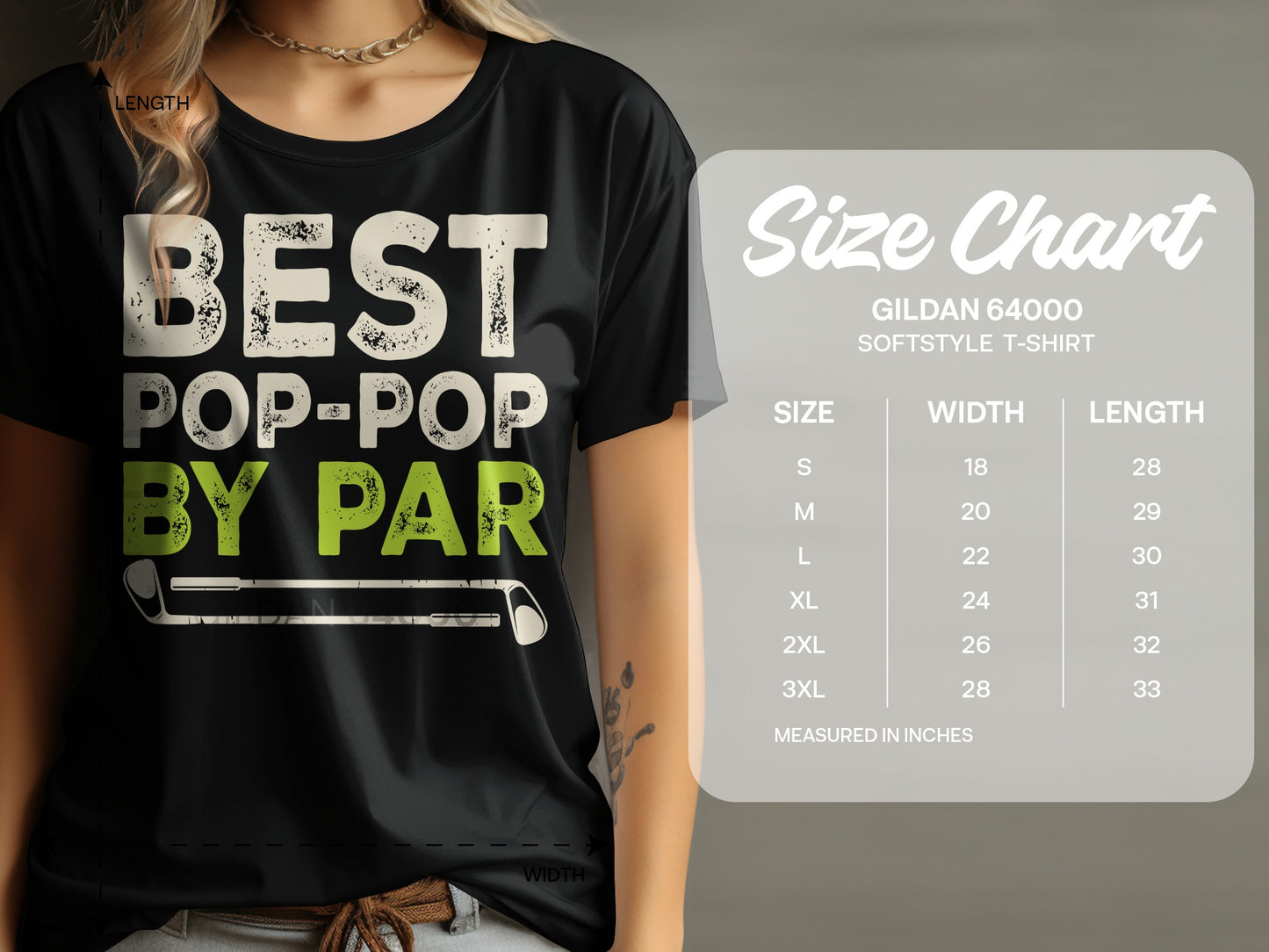 Black t-shirt with "BEST POP-POP BY PAR" text and a golf club.