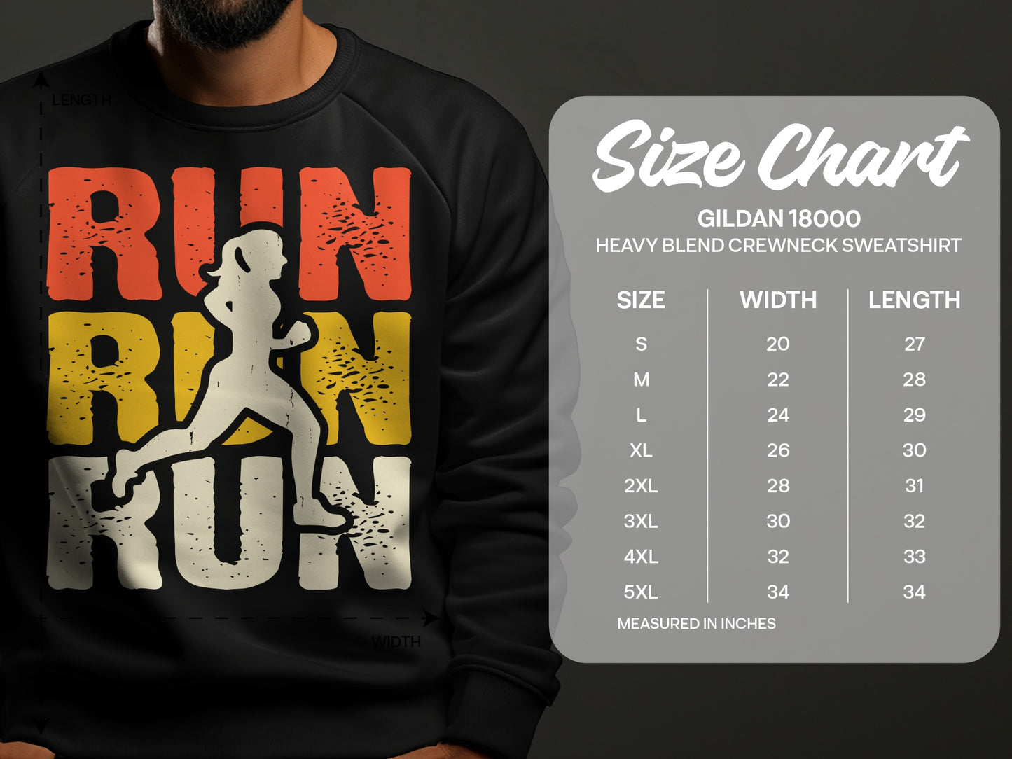 Sweatshirt with "Run Run Run" graphic and size chart for Gildan 18000 sweatshirt.