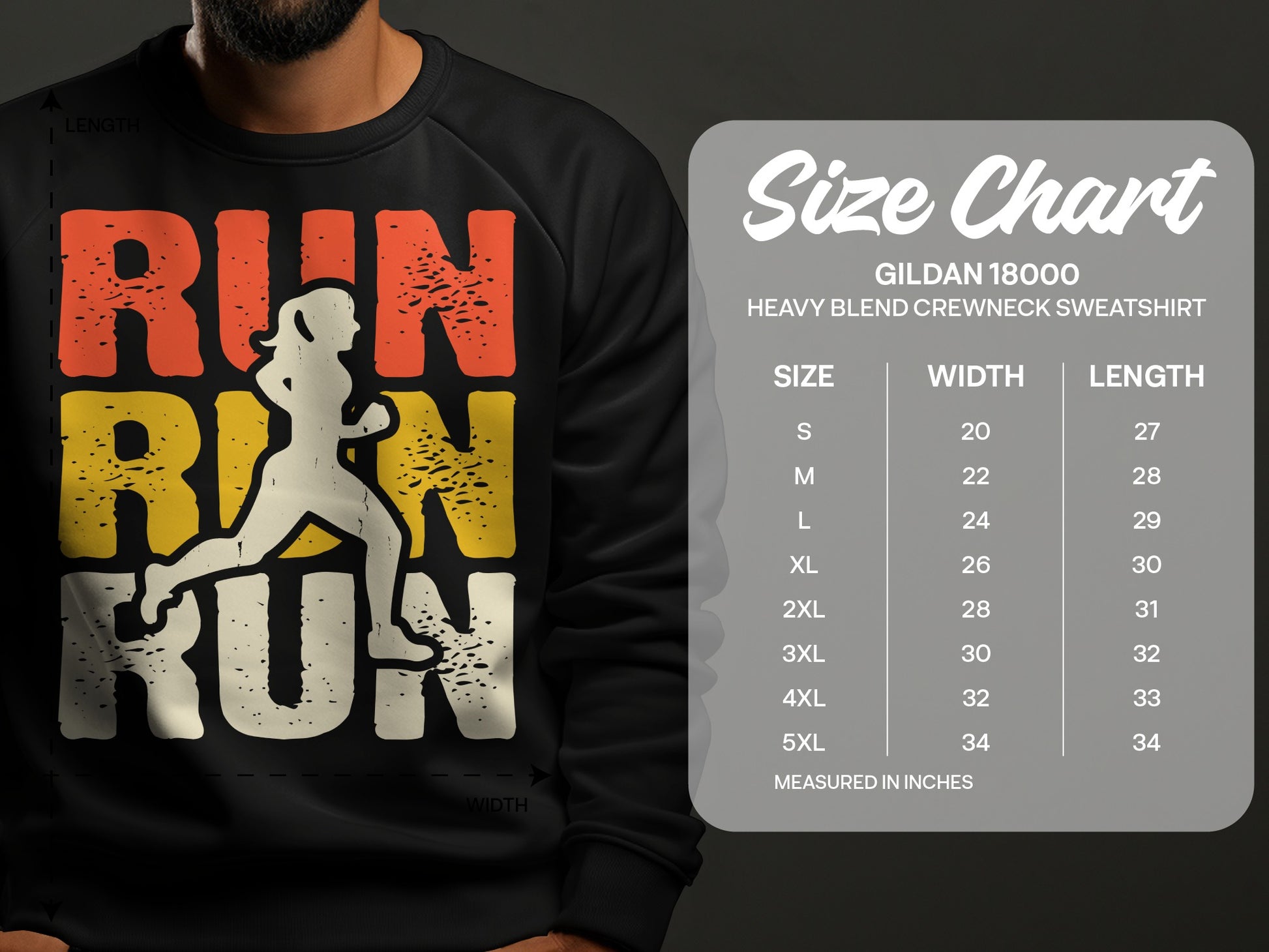 Sweatshirt with "Run Run Run" graphic and size chart for Gildan 18000 sweatshirt.