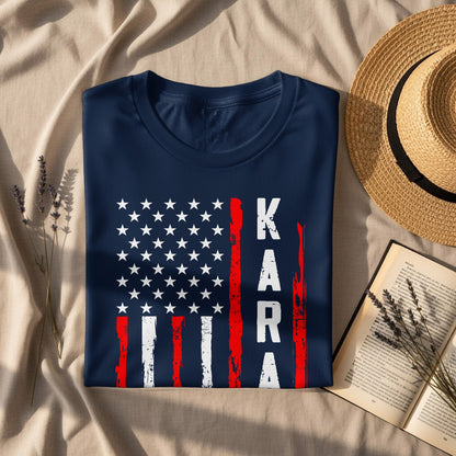 Navy t-shirt with distressed American flag and red "KARA" lettering.