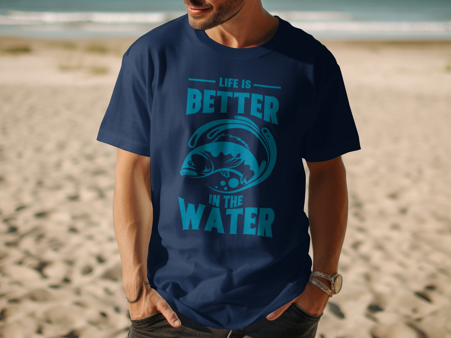 Navy blue t-shirt with "Life is Better in the Water" and fish graphic.