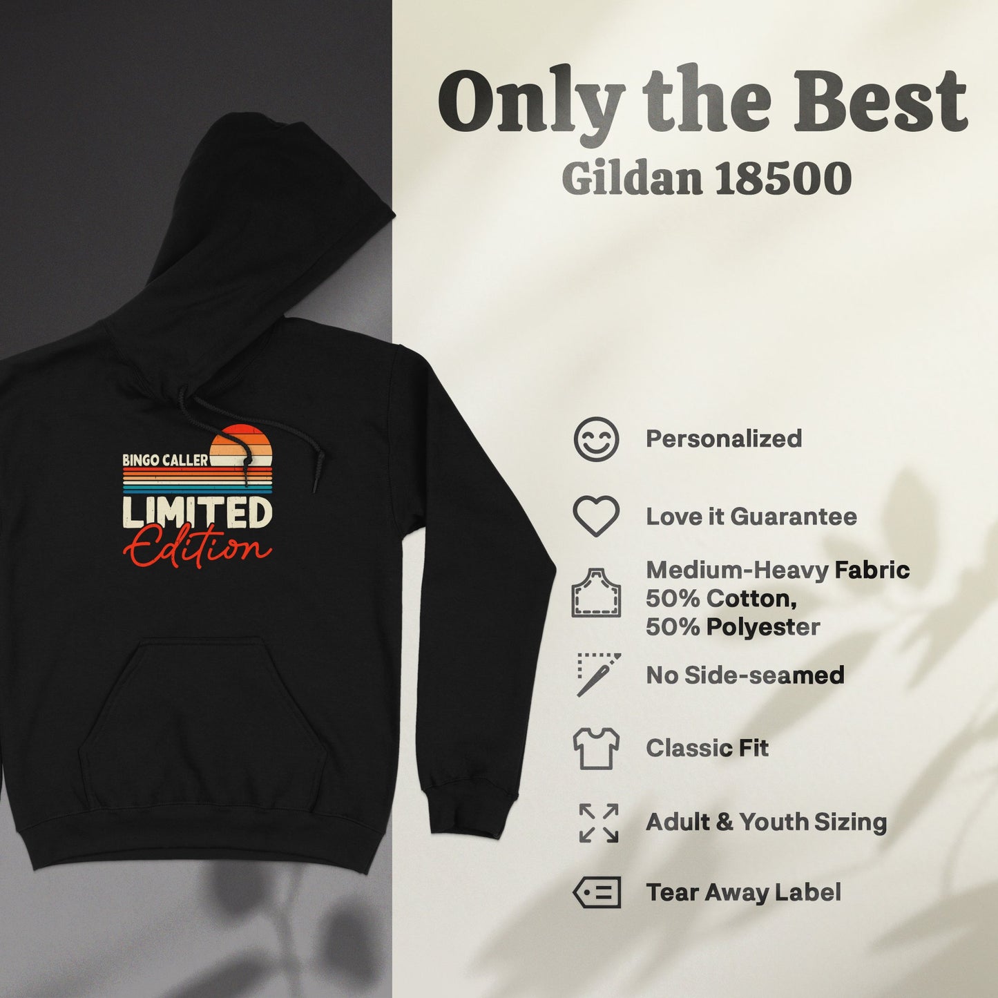 Gildan 18500 hoodie: "BINGO CALLER LIMITED EDITION" graphic, cotton/poly blend.