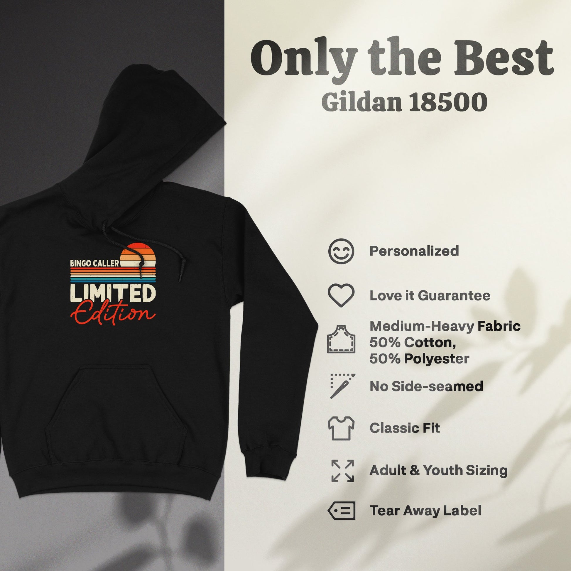 Gildan 18500 hoodie: "BINGO CALLER LIMITED EDITION" graphic, cotton/poly blend.