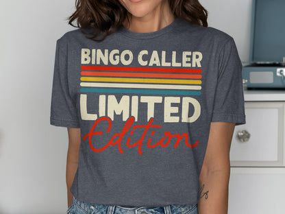 Dark grey t-shirt with "BINGO CALLER LIMITED EDITION" text in colorful stripes.