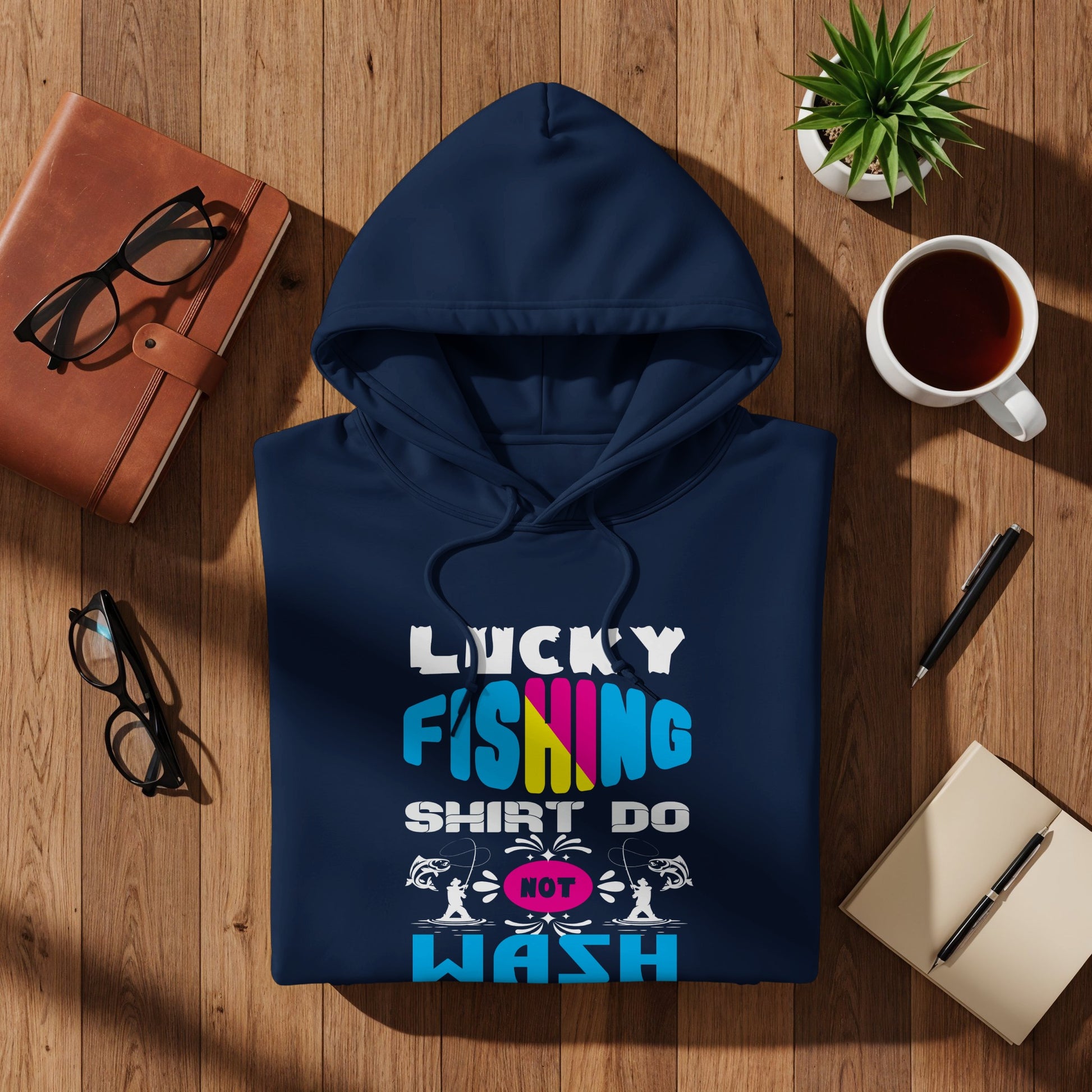 Navy hoodie with "Lucky Fishing Shirt Do Not Wash" text and graphics.