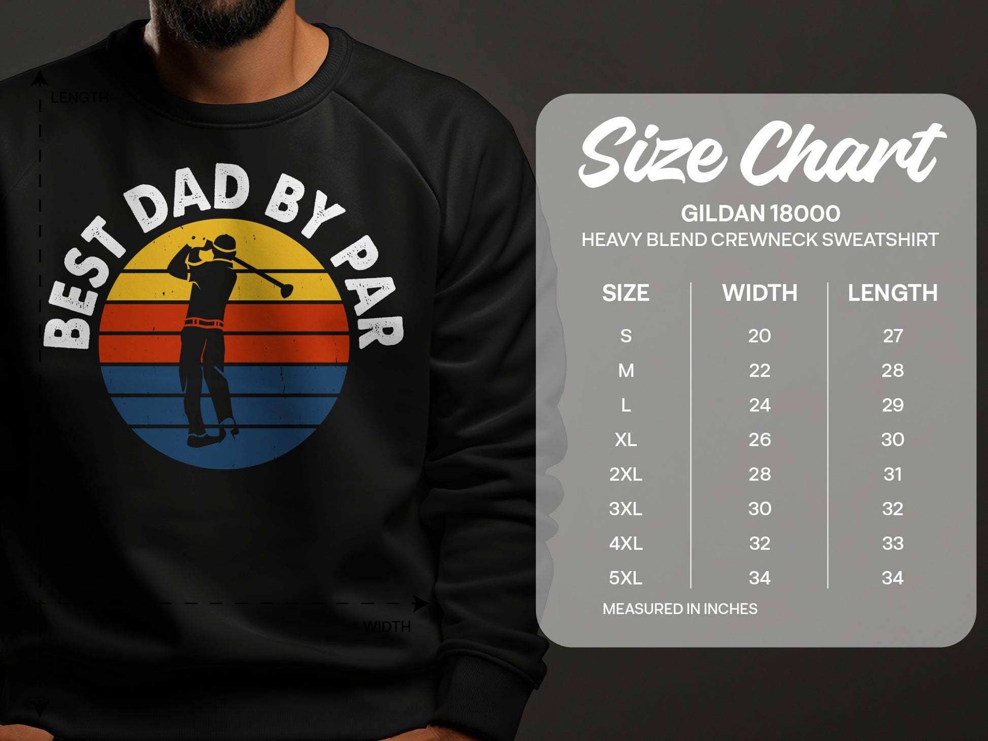 Crewneck sweatshirt size chart with graphic of golfer and "Best Dad by Par" text.