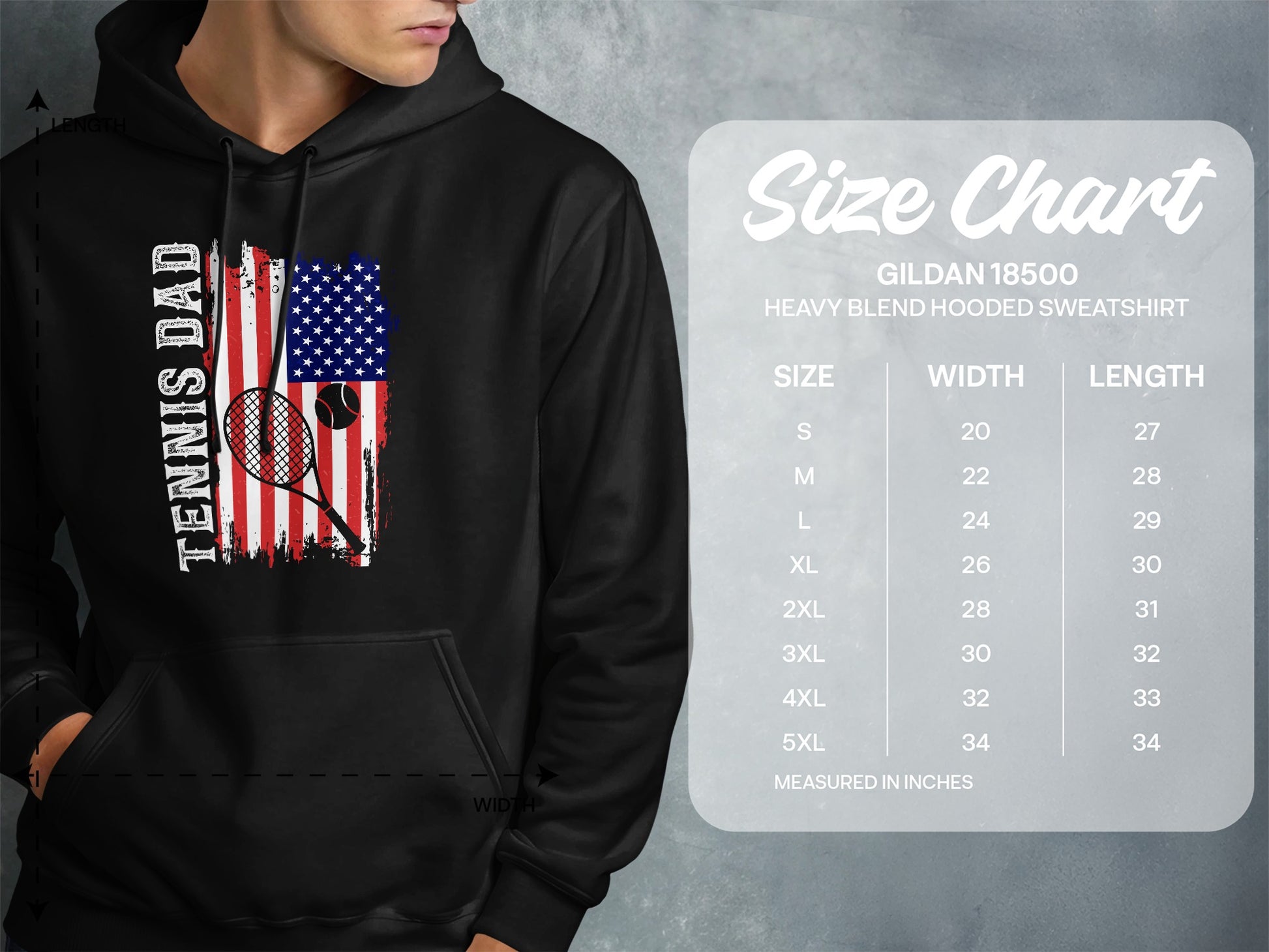 Hooded sweatshirt size chart for Gildan 18500 heavy blend with tennis dad graphic.
