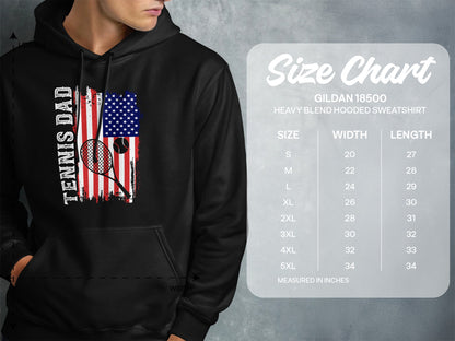 Hooded sweatshirt size chart for Gildan 18500 heavy blend with tennis dad graphic.