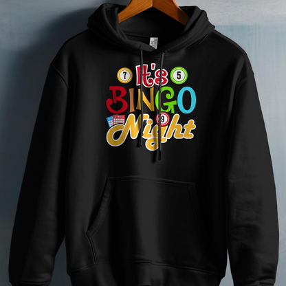 Black hoodie with colorful "It's Bingo Night" text and bingo balls.