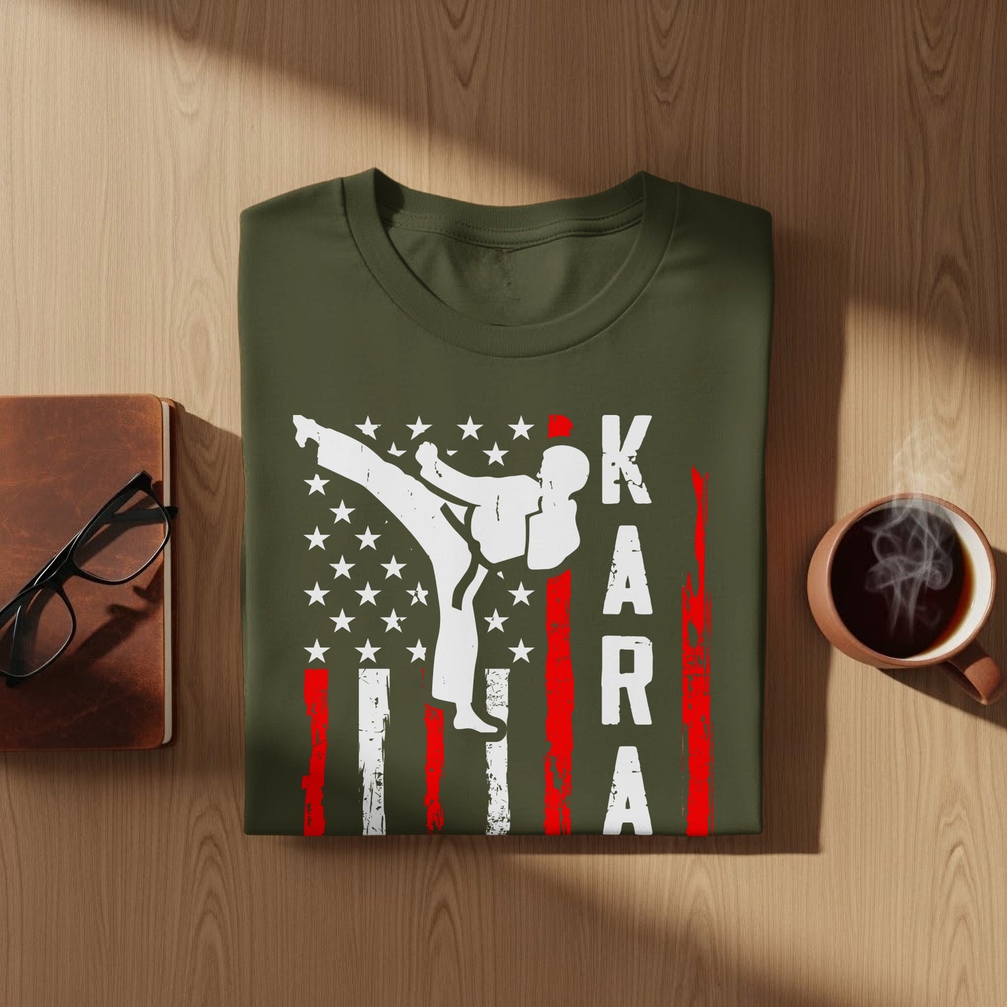 Green t-shirt with American flag and karate silhouette, text reads KARA.