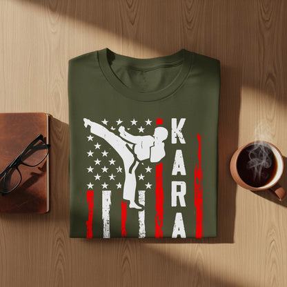 Green t-shirt with American flag and karate silhouette, text reads KARA.