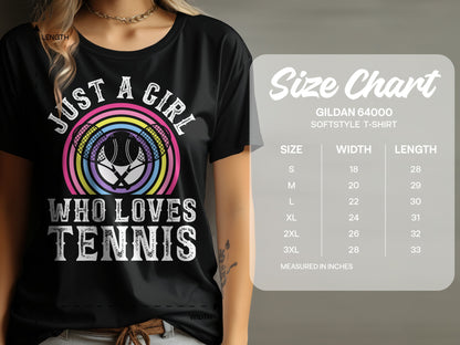 Black t-shirt with "Just a girl who loves tennis" and tennis racket graphic, with size chart.