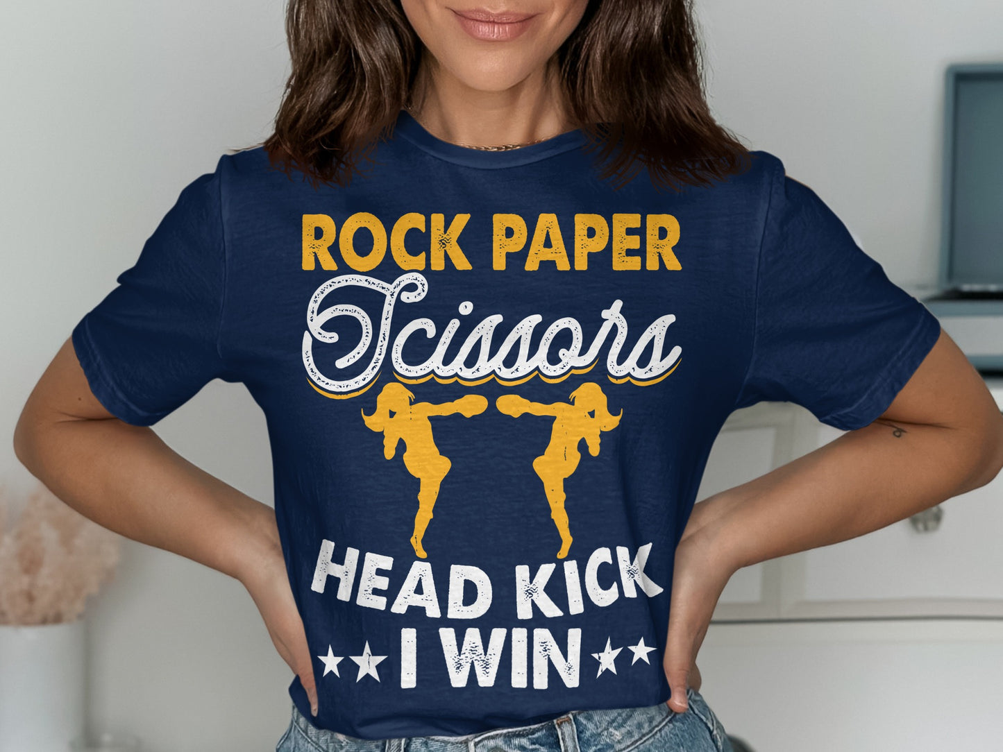 Navy t-shirt with "Rock Paper Scissors HEAD KICK I WIN" text and boxing silhouettes.