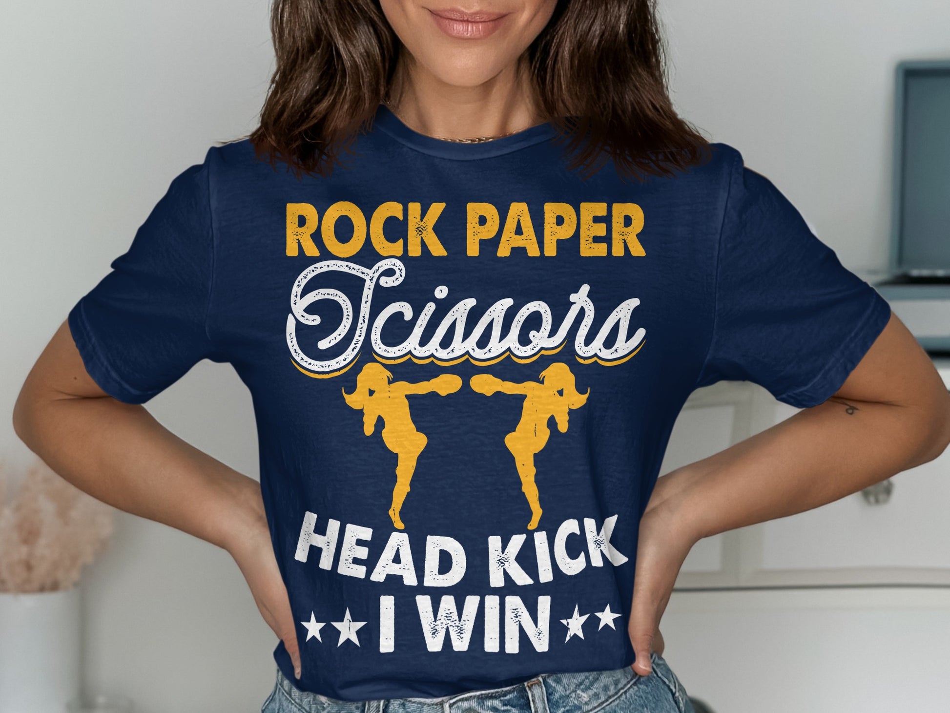 Navy t-shirt with "Rock Paper Scissors HEAD KICK I WIN" text and boxing silhouettes.