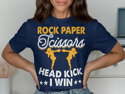 Navy t-shirt with "Rock Paper Scissors HEAD KICK I WIN" text and boxing silhouettes.