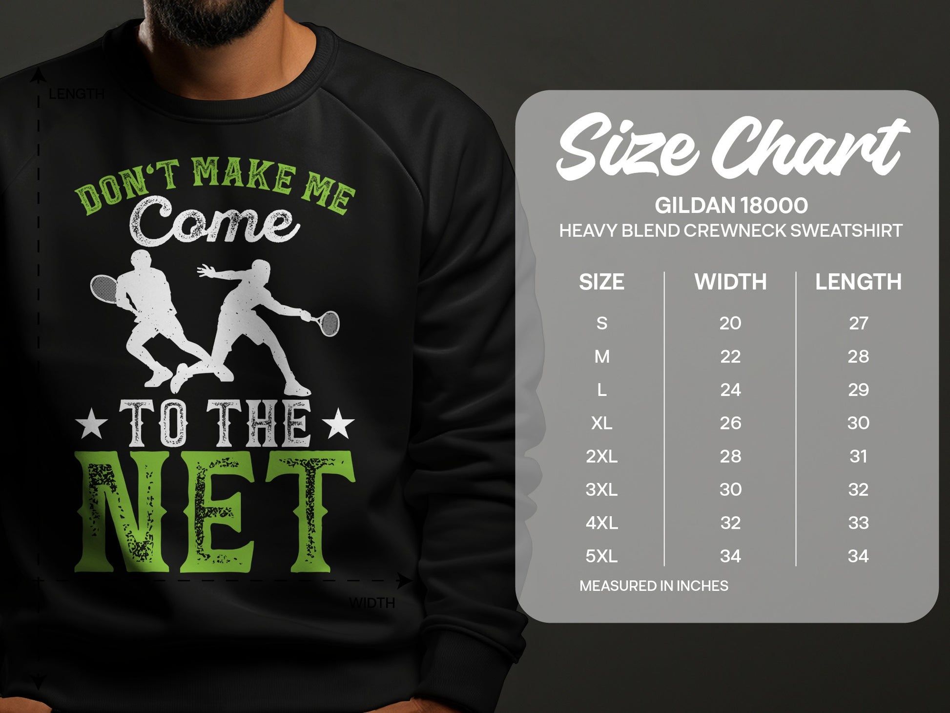 Gildan 18000 size chart for heavy blend crewneck sweatshirt.
