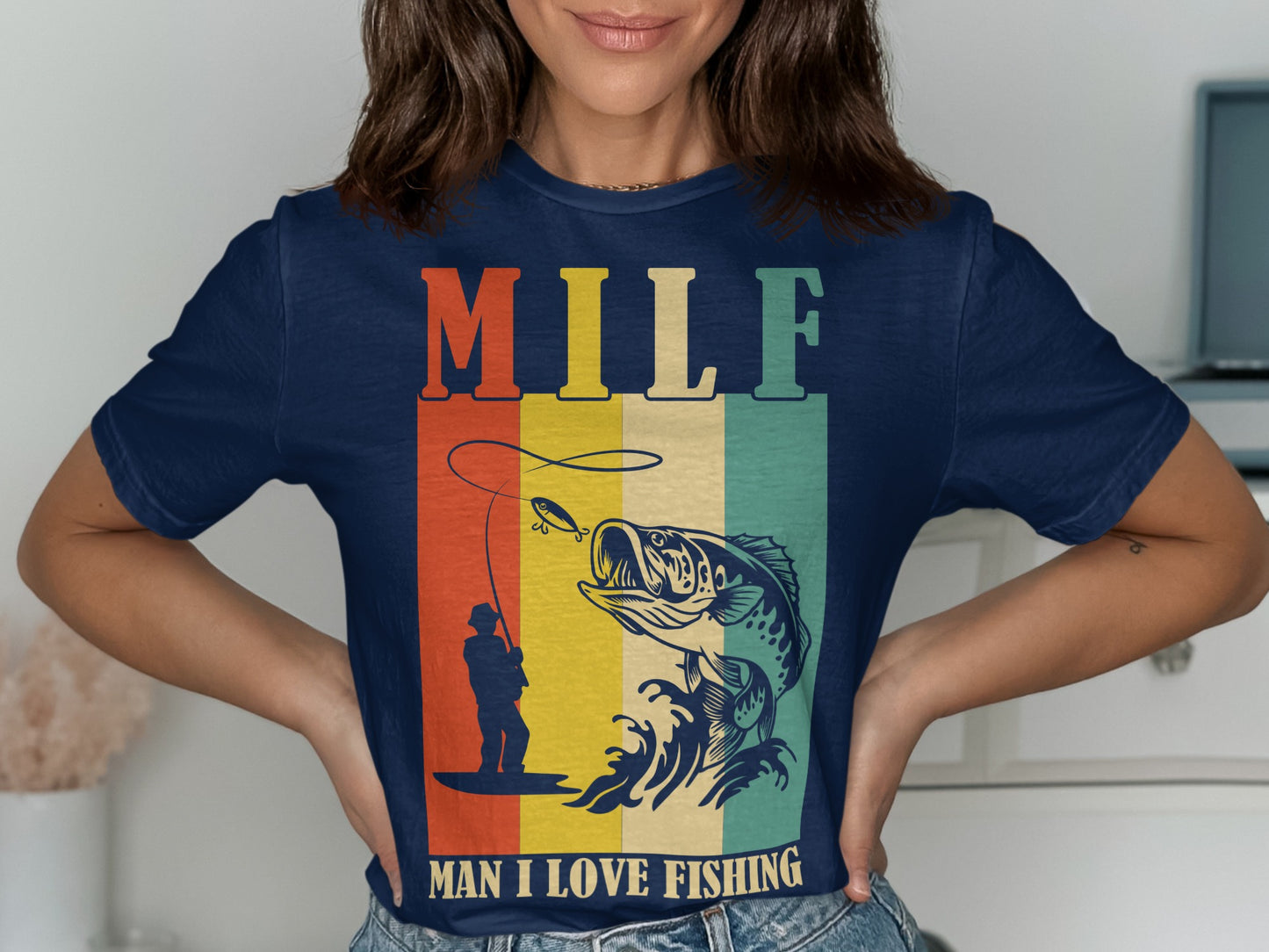 MILF Man I Love Fishing graphic tee with a fisherman and leaping fish.