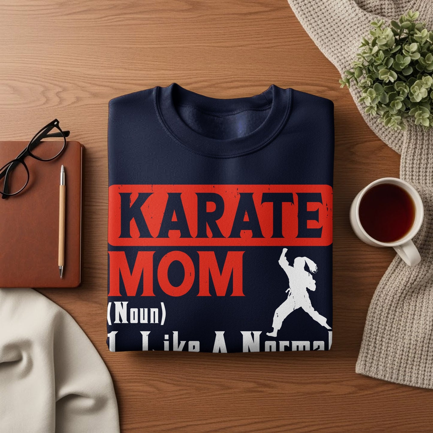 Navy sweatshirt with "Karate Mom" and a martial artist silhouette.