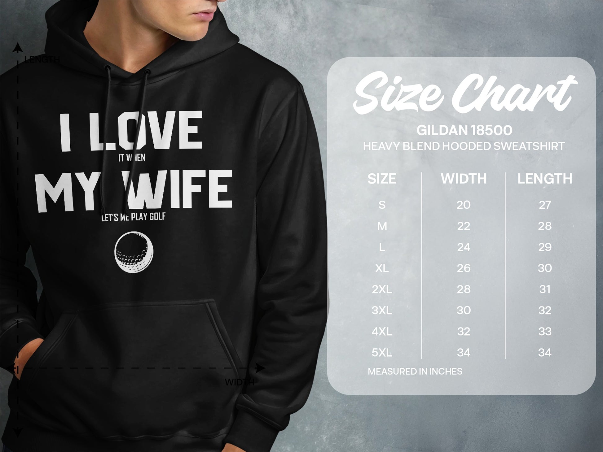 Black hooded sweatshirt with "I Love My Wife Let's Me Play Golf" text and golf ball.