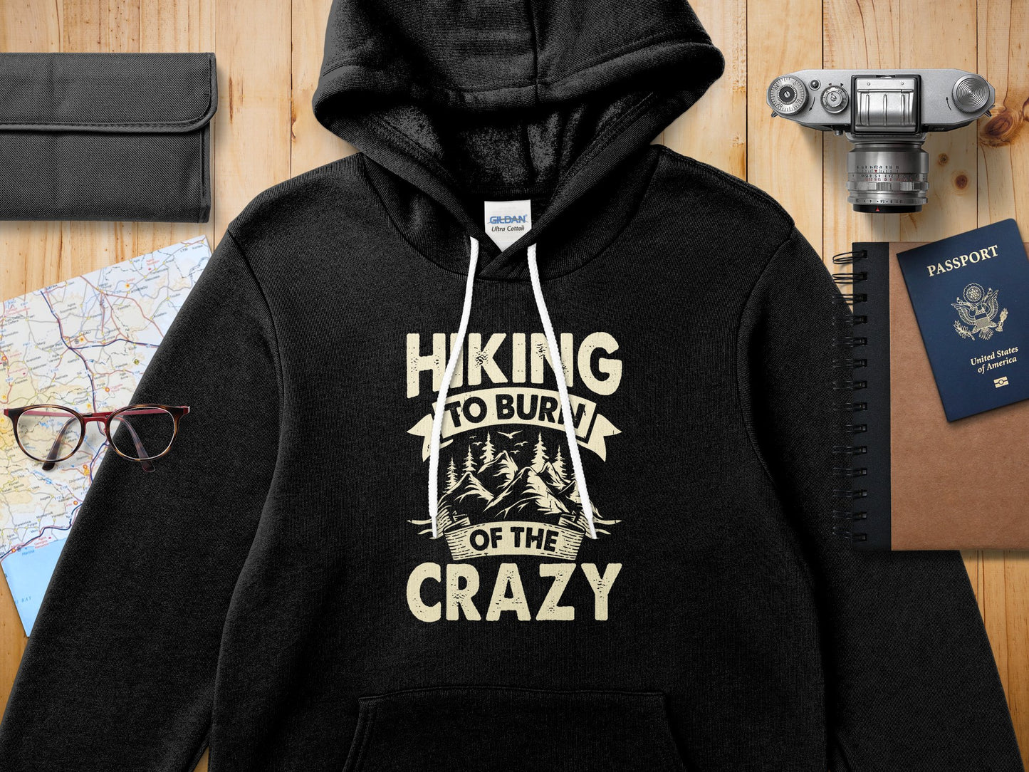 Black Gildan hoodie with "Hiking to Burn of the Crazy" text.
