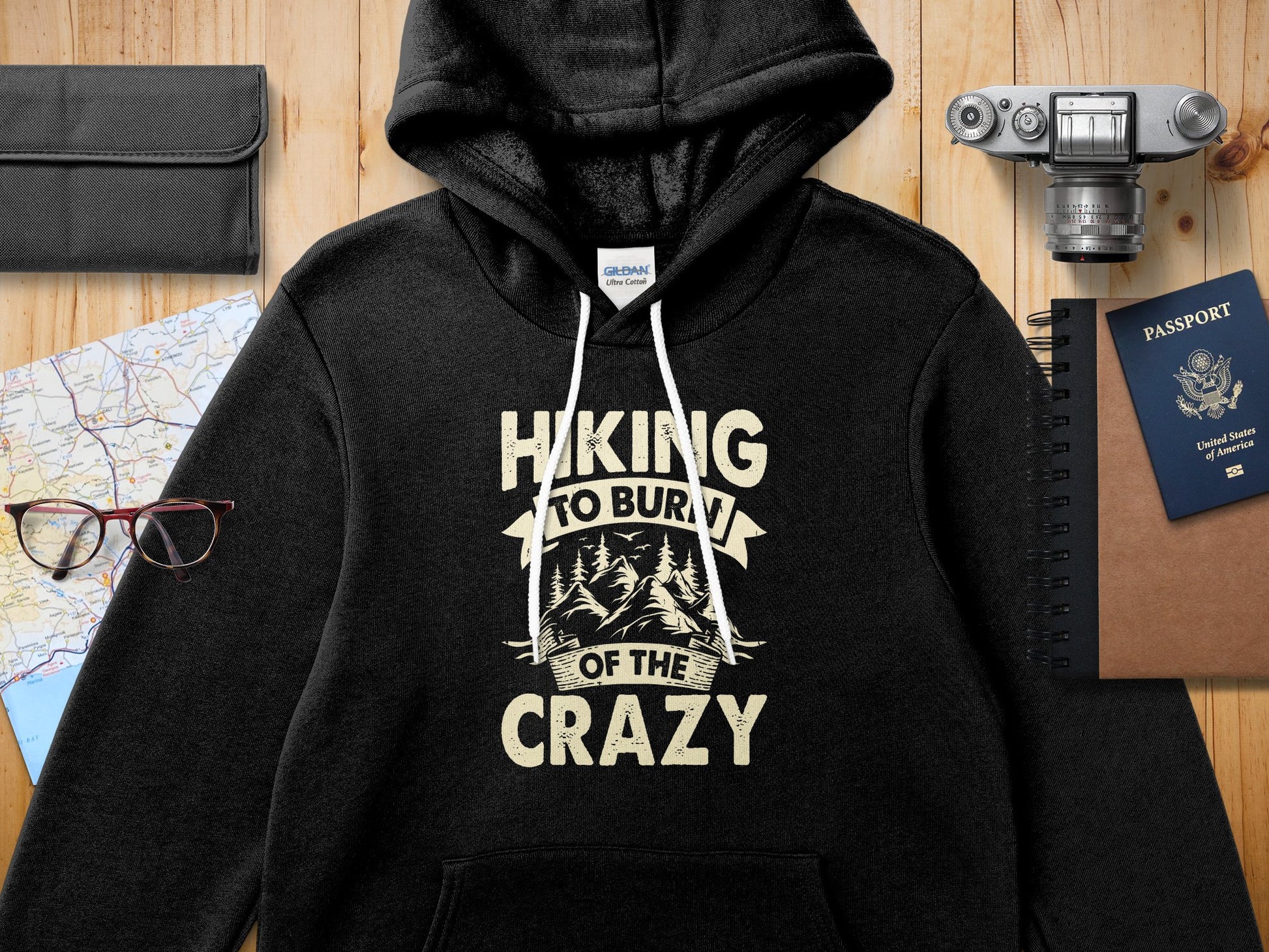 Black Gildan hoodie with "Hiking to Burn of the Crazy" text.