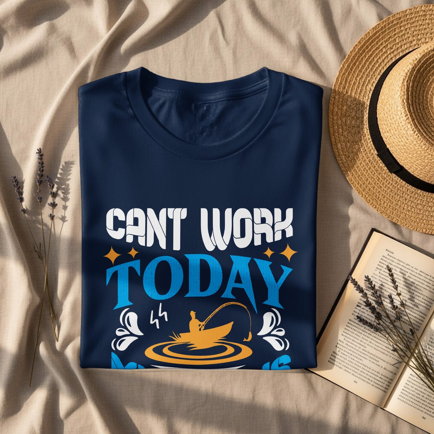 Navy t-shirt with "Can't Work Today" and fishing graphic.