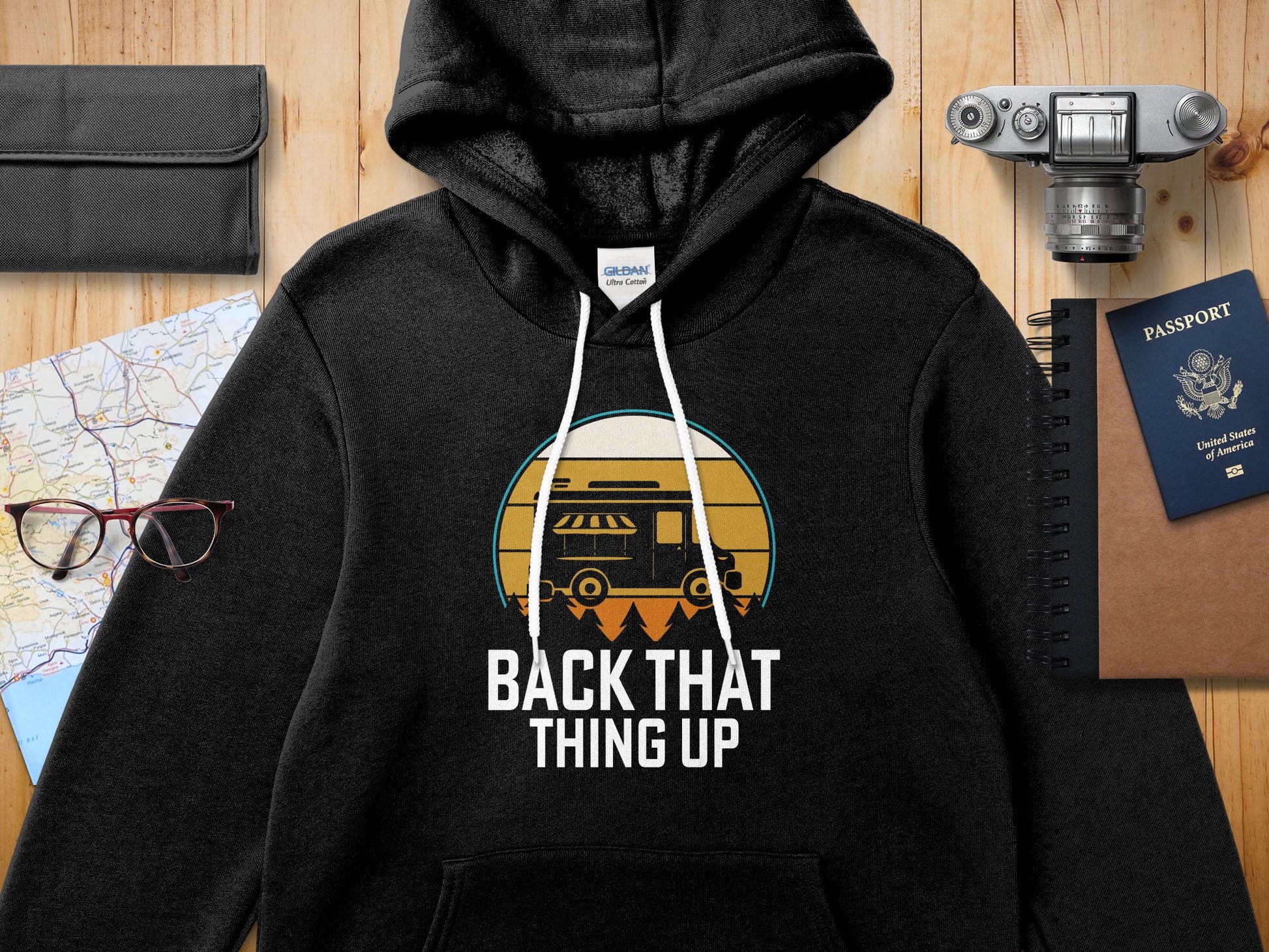 Black Gildan hoodie with "Back That Thing Up" RV graphic.