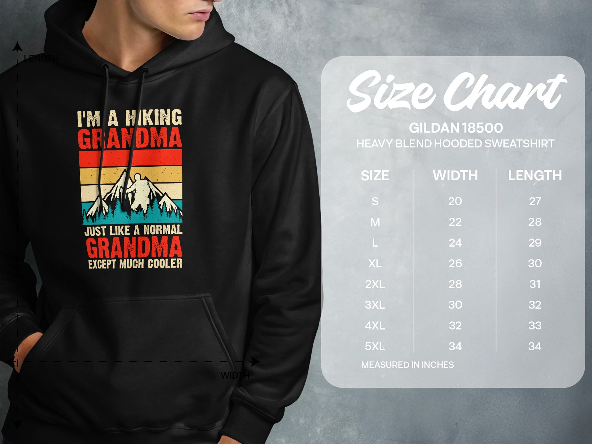 Hooded sweatshirt with "I'm a hiking grandma" graphic and size chart.