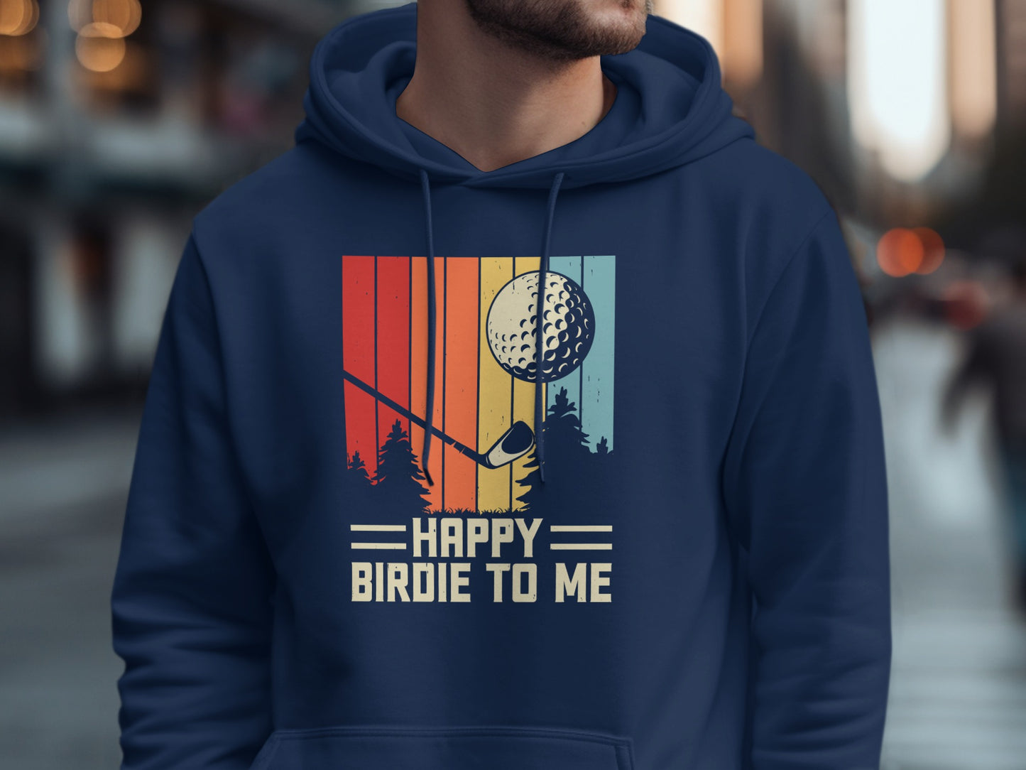 Navy hoodie with retro golf sunset graphic and "Happy Birdie to Me" text.