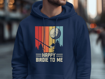 Navy hoodie with retro golf sunset graphic and "Happy Birdie to Me" text.