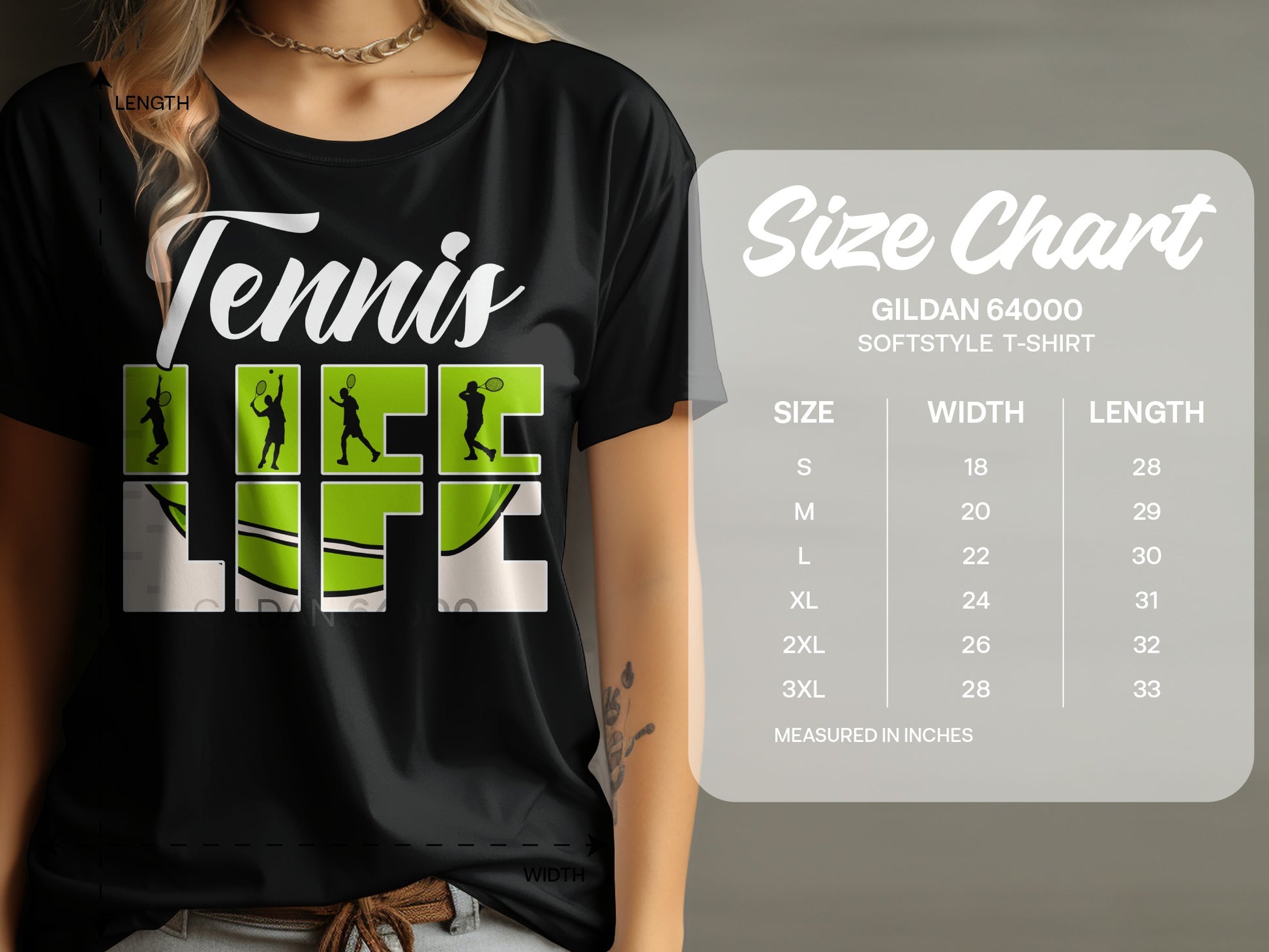 Black t-shirt with "Tennis Life" graphic and GILDAN 64000 size chart.