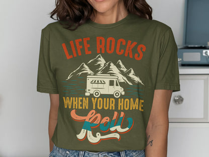 RV life graphic with mountains and text "Life Rocks When Your Home Roll."