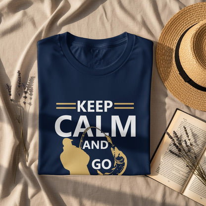 Navy t-shirt with "Keep Calm and Go Fishing" text and a golden fisherman.