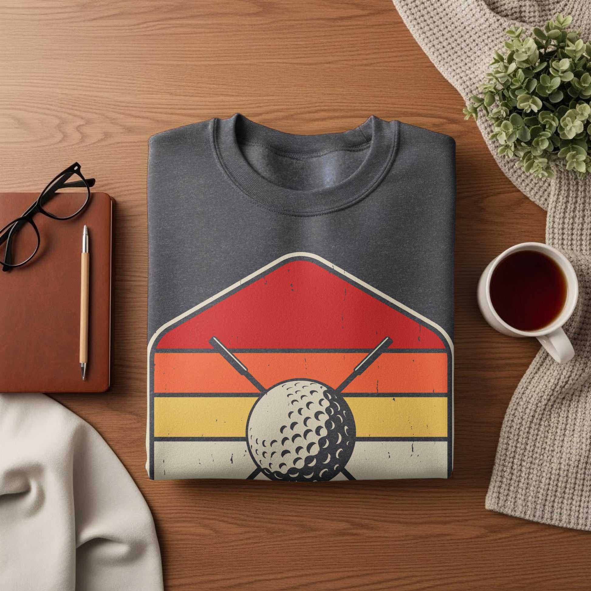 Dark gray crewneck sweatshirt with a retro golf ball and clubs graphic.