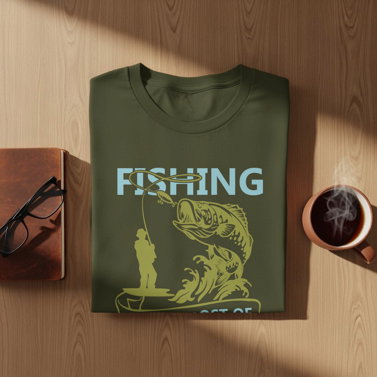 Olive green t-shirt with "FISHING" and a bass leaping from water.