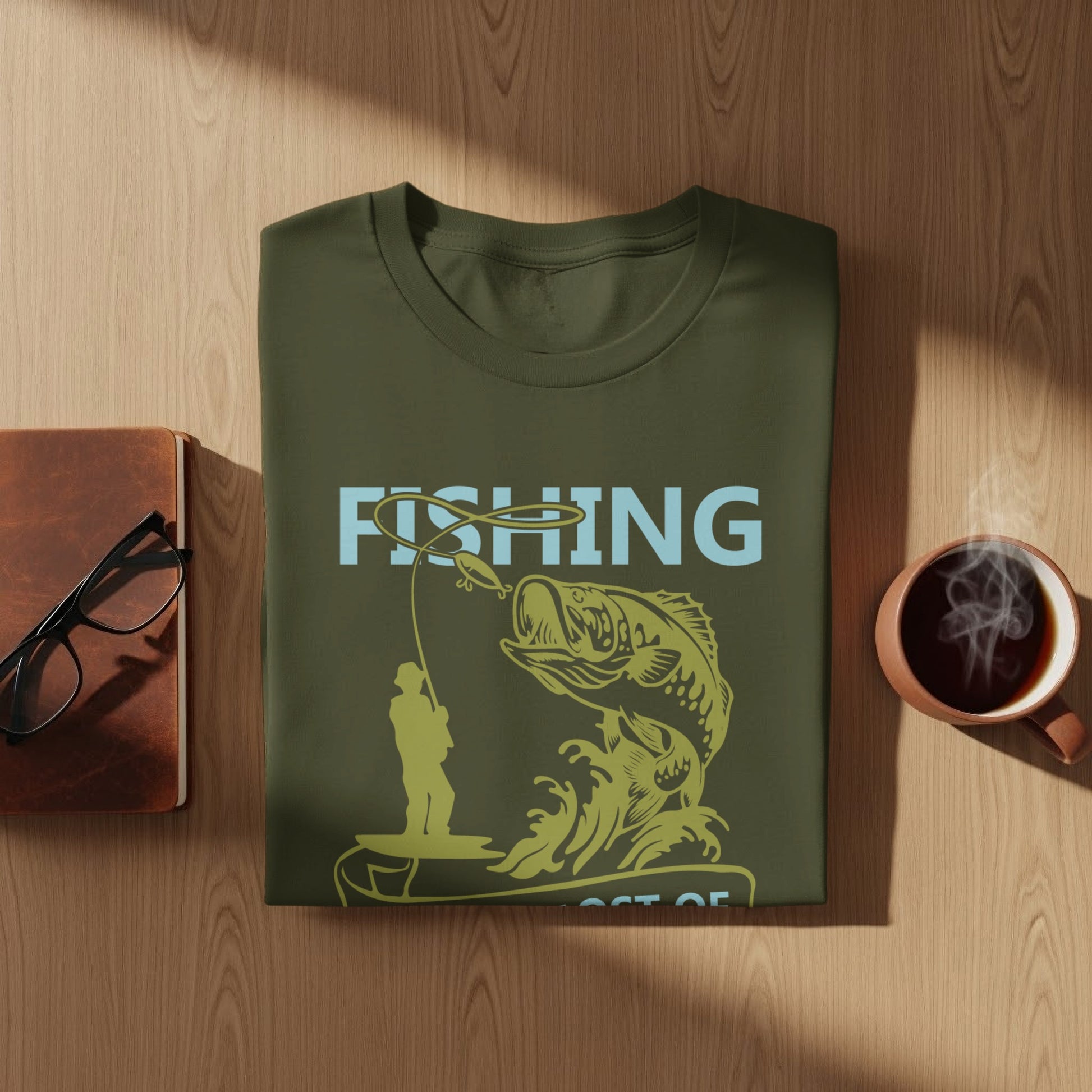 Olive green t-shirt with "FISHING" and a bass leaping from water.