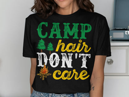 Black t-shirt with "CAMP HAIR DON'T CARE" text and camping graphics.