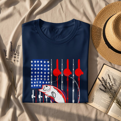 Navy t-shirt with American flag and bass fishing graphic.