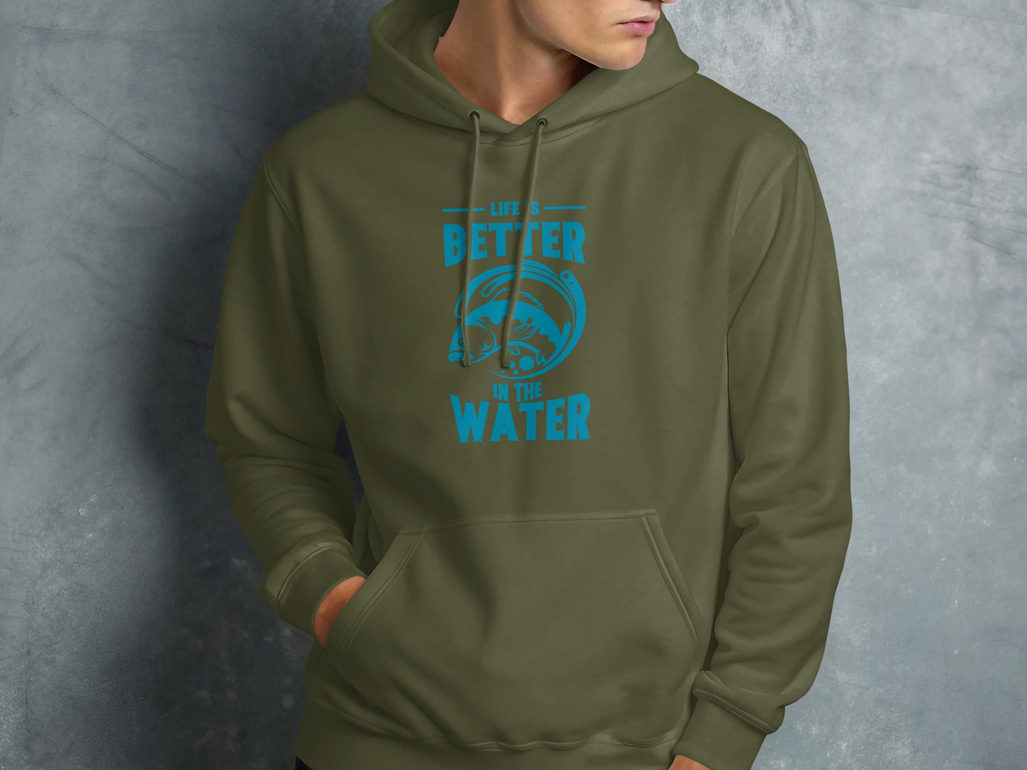 Green hoodie with "Life is better in the water" text and fish graphic.