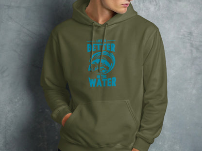 Green hoodie with "Life is better in the water" text and fish graphic.
