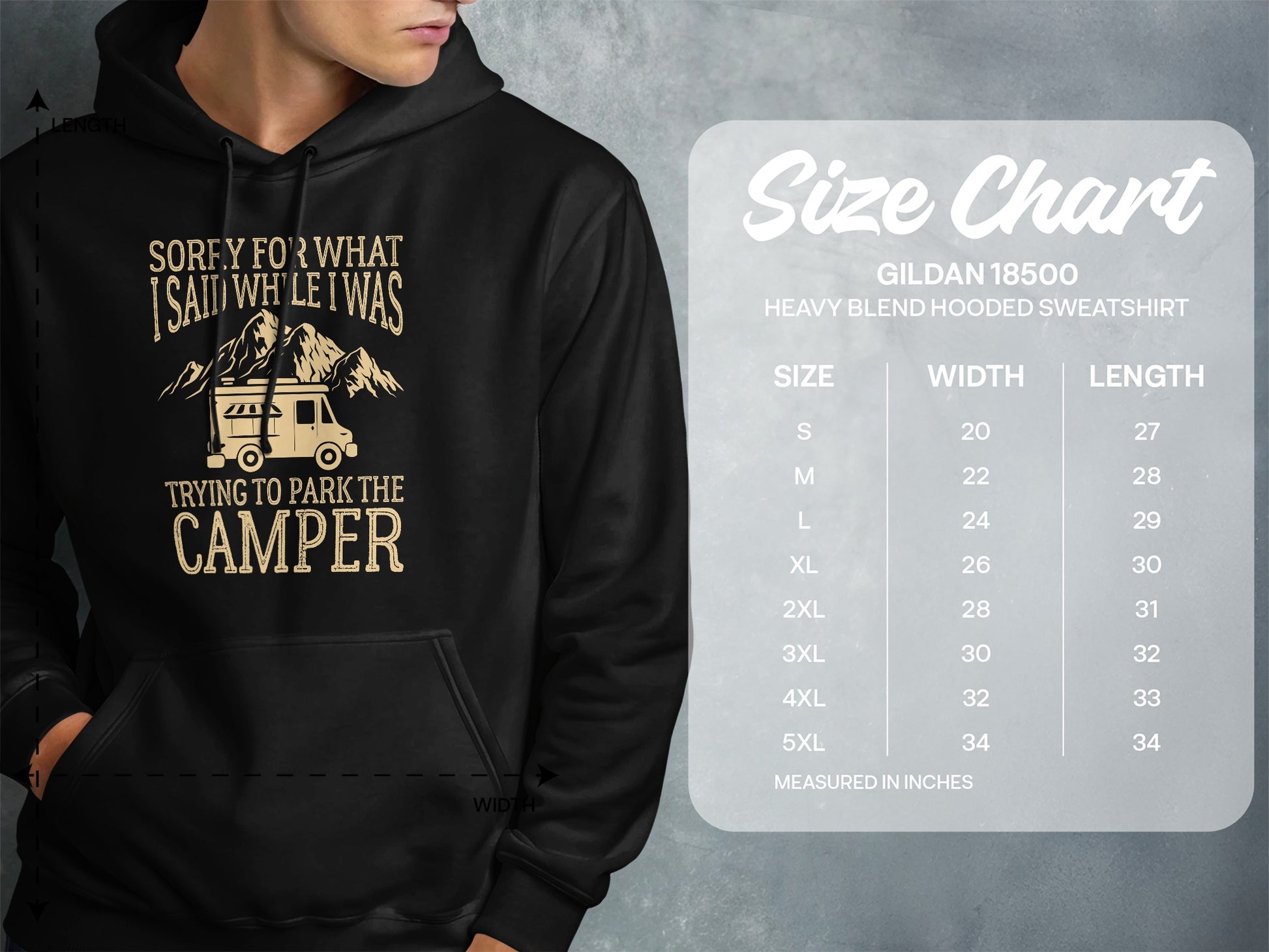 Hooded sweatshirt size chart with chest width and length measurements.